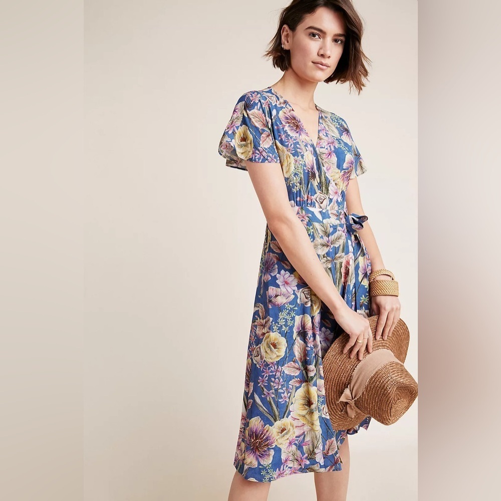 Kachel x Anthropologie Willow Wrap Silk Blend Midi Dress Floral Watercolor